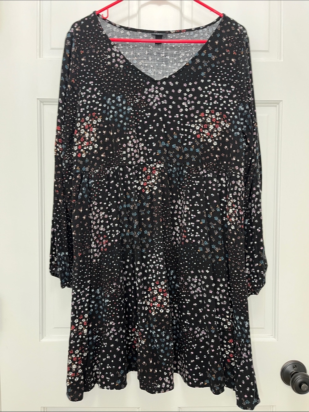 torrid Black Micro Floral Printed V Neck Long Sleeve Babydoll Dress - Size 1X